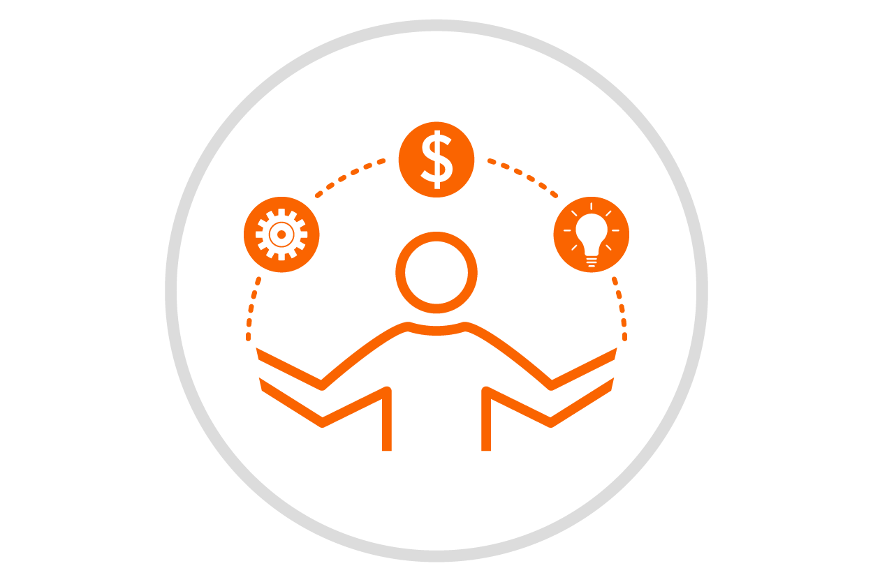 Icon with a person juggling a lightbulb, gear and $.